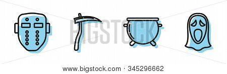 Set Line Halloween Witch Cauldron , Hockey Mask , Scythe And Funny And Scary Ghost Mask For Hallowee