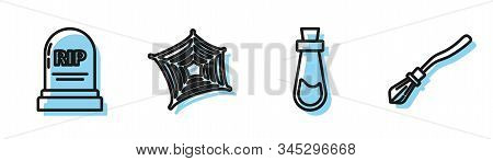 Set Line Bottle With Potion , Tombstone With Rip, Spider Web And Witches Broom Icon. Vector
