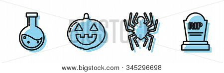 Set Line Spider , Bottle With Potion , Pumpkin And Tombstone With Rip Icon. Vector