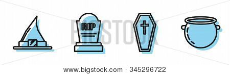 Set Line Coffin With Christian Cross , Witch Hat , Tombstone With Rip And Halloween Witch Cauldron I