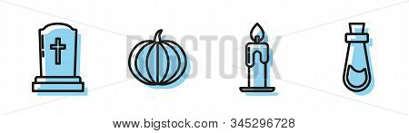 Set Line Burning Candle , Tombstone With Cross , Pumpkin And Bottle With Potion Icon. Vector