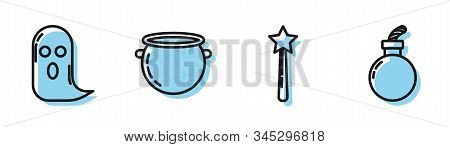 Set Line Magic Wand , Ghost , Halloween Witch Cauldron And Bomb Ready To Explode Icon. Vector