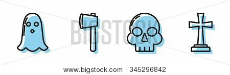 Set Line Skull , Ghost , Wooden Axe And Tombstone With Cross Icon. Vector