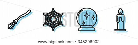 Set Line Magic Ball , Witches Broom , Spider Web And Burning Candle Icon. Vector