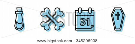Set Line Calendar With Halloween Date 31 October, Bottle With Potion , Crossed Bones And Coffin With