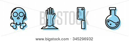 Set Line Meat Chopper , Skull On Crossbones , Zombie Hand And Bottle With Potion Icon. Vector