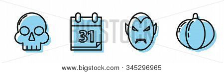 Set Line Vampire , Skull , Calendar With Halloween Date 31 October And Pumpkin Icon. Vector
