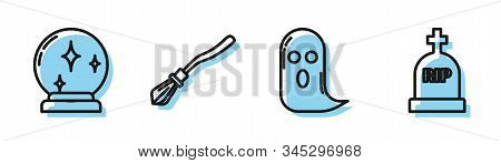 Set Line Ghost , Magic Ball , Witches Broom And Tombstone With Rip Icon. Vector