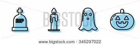 Set Line Ghost , Tombstone With Rip, Burning Candle And Pumpkin Icon. Vector