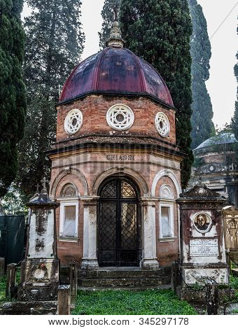 Rome, Italy - December 07, 2019:  Grave Monument In Cemetary Campo Verano ( Cimitero Monumentale Al 