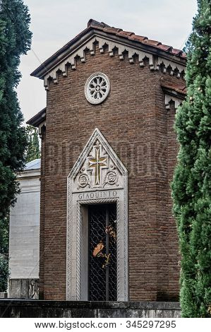 Rome, Italy - December 07, 2019:  Grave Monument In Cemetary Campo Verano ( Cimitero Monumentale Al 