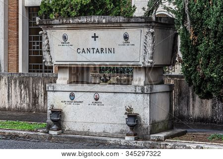 Rome, Italy - December 07, 2019:  Grave Monument In Cemetary Campo Verano ( Cimitero Monumentale Al 