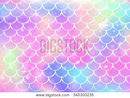 Rainbow Scales Background With Kawaii Mermaid Princess Pattern. Fish Tail Banner With Magic Sparkles