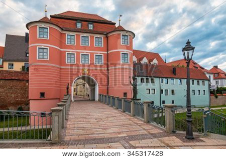 Rieder Tor (Gate) entrance to the Old Town of Donauworth, a part of popular Romantic Road touristic route in Swabia, Bavaria, Germany