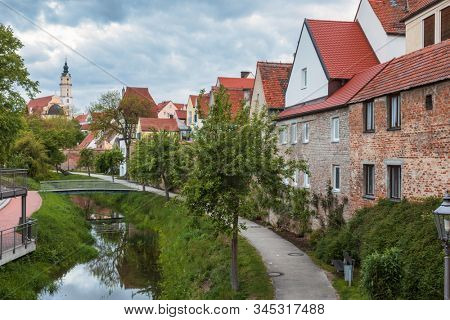 Gabled houses of Donauworth Old Town, a part of popular Romantic Road touristic route in Swabia, Bavaria, Germany