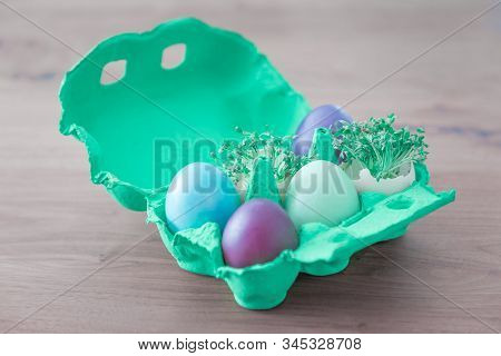 Decorative Handmade Easter Egg Present Box With Eggs And Cress. Beautiful Decoration Easternest Bask