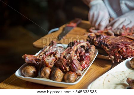 Barbecue Is Prepared Of Lamb Or Sheep Meat And Processed By Slasher. Antrikot And Potato Kebabs Are 