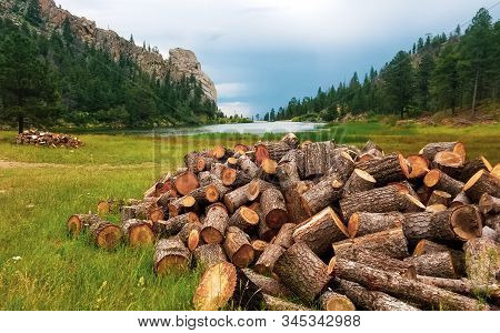 Pile Of Logs In Front Of Lake And Rock Formation