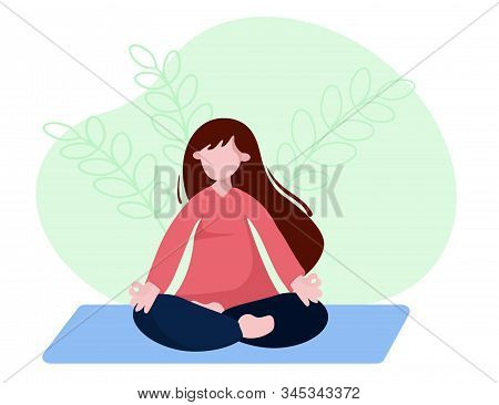 Woman Is Sitting With Crossed Legs And Meditate. Concept Illustration For Yoga, Pranayama, Meditatio