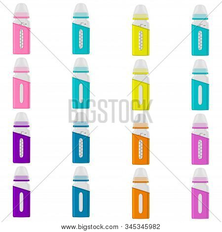 Illustration On Theme Big Colored Kit Baby Milk In Bottle With Rubber Pacifier. Baby Milk Bottle Con
