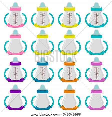 Illustration On Theme Big Colored Kit Baby Milk In Bottle With Rubber Pacifier. Baby Milk Bottle Con