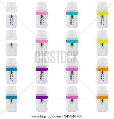 Illustration On Theme Big Colored Kit Baby Milk In Bottle With Rubber Pacifier. Baby Milk Bottle Con
