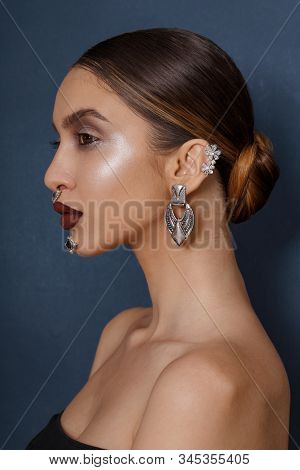 Profile Portrait Of A Girl With Makeup, Marsala Lip, Pose In Profile With Bare Shoulders, Jewelry, O