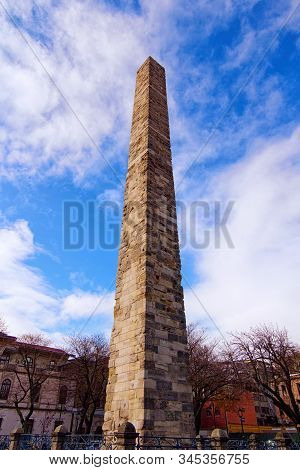 Ancient Walled Obelisk (constantine Obelisk, Masonry Obelisk) In Hippodrome Of Constantinople. Cloud