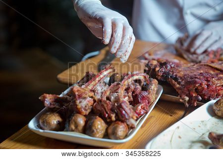 Barbecue Is Prepared Of Lamb Or Sheep Meat And Processed By Slasher. Antrikot And Potato Kebabs Are 