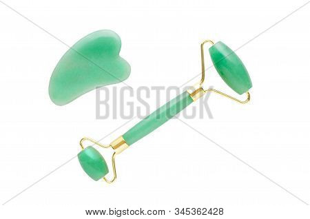 Jade Facial Roller And Massage Stone Gua Sha, Isolated On White Background