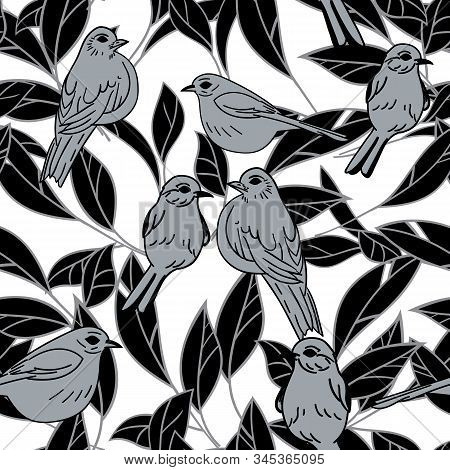 Vector Black And White Birds Leaf Seamless Background Pattern.