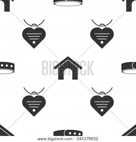 Set Collar With Name Tag, Dog House And Collar With Name Tag And Heart On Seamless Pattern. Vector