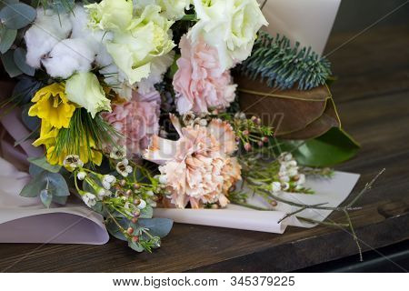 Detail Closeup Of Original Bouquet In Vintage Style On A Dark Background, Selective Focus