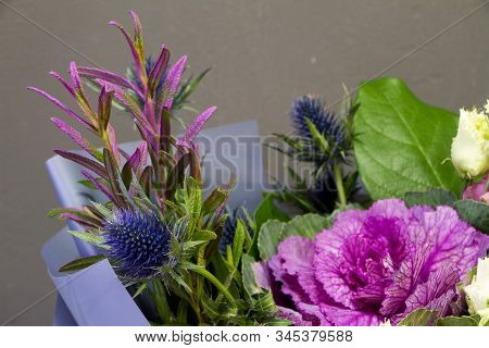 Detail Closeup Of Original Bouquet In Vintage Style On A Dark Background, Selective Focus