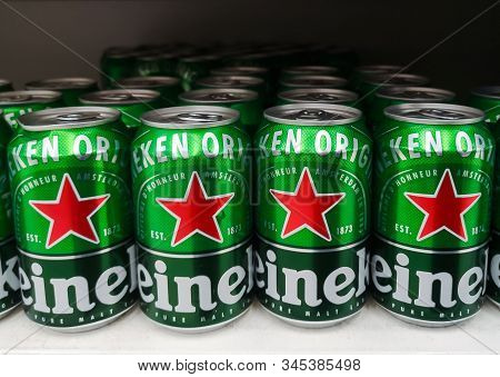 Aluminium Cans Of Dutch Beer Heineken For Sale At Ashan Shopping Center On December 25, 2019 In Russ