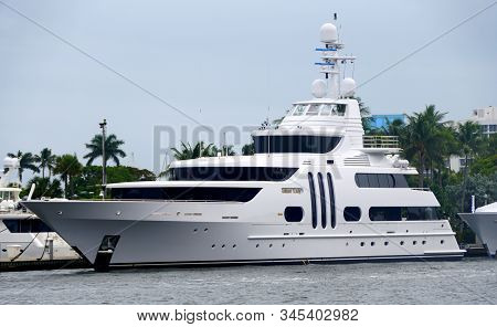 Fort Lauderdale, Florida, U.s.a - January 3, 2020 - A White Multi-million Dollar Luxury Boat On The 