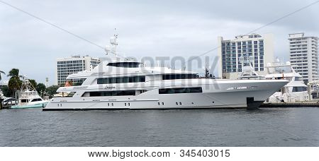 Fort Lauderdale, Florida, U.s.a - January 3, 2020 - A White Multi-million Dollar Luxury Boat On The 