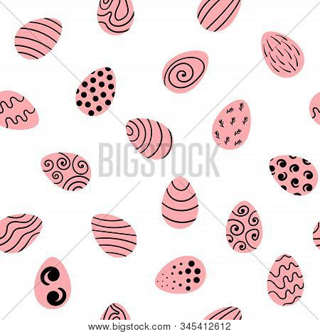Seamless Pattern With Colored Pink Easter Eggs On White Background. Simple Flat Vector Illustration 