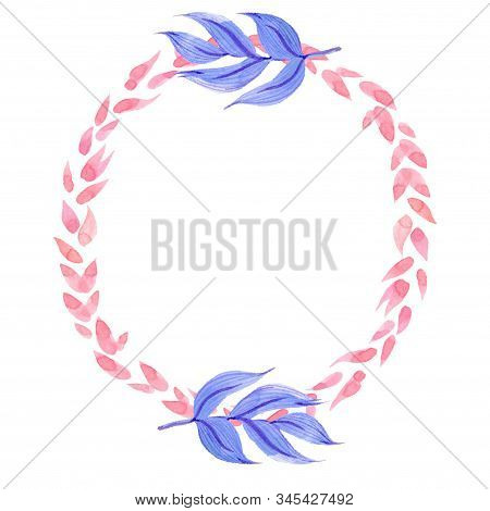 Title Frame Made Of Watercolor Leaves And Flowers On A White Background.