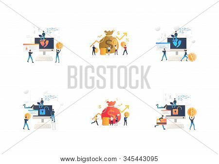 Set Of Cybercrime Teams Hacking Into Computers. Flat Vector Illustrations Of Hackers Breaking Privat