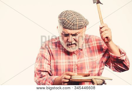 Retro Man Repair Shoes With Hamcobbler Workmanship. Shoemaker At Work. Mature Shoemaker In Workshop 
