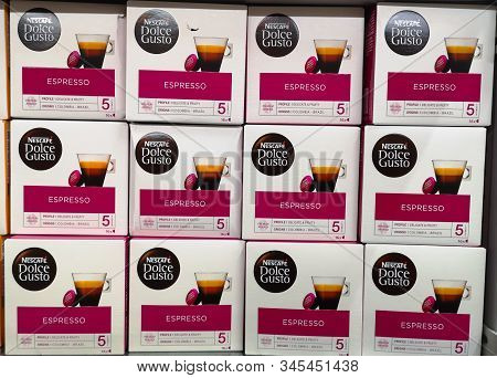Boxes With Coffee Capsules For Nescafe Dolce Gusto Coffee Machines On Shelf For Sale At Ashan Shoppi