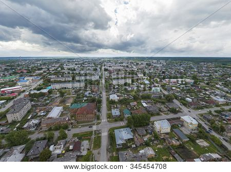 Aerial View Of Irbit City. Russia, Sverdlovsk Region, Summer, Cloudy Day