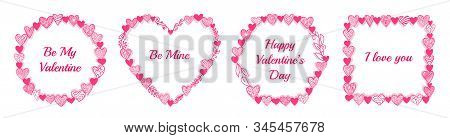 Valentine Frame With Openwork Heart And Floral Signs. Round, Square, Hexagon Shape. Valentines Day, 