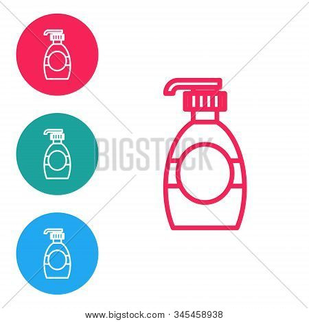 Red Line Bottle Of Liquid Antibacterial Soap With Dispenser Icon Isolated On White Background. Disin