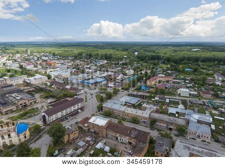 Aerial View Of Irbit City. Russia, Sverdlovsk Region, Summer, Cloudy Day
