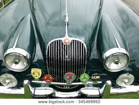 Hebden Bridge, West Yorkshire, United Kingdom - 4 August 2019: A Close Up Of The Bonnet And Grille O