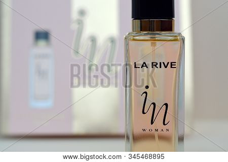 La Rive In Woman Deodorant And Perfume Bottles On Prefume Box Background. La Rive S.a. Is One Of The