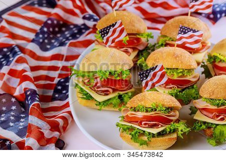 Fastive Sandwiches With American Flag For Patriot Party. Independence Day Concept.