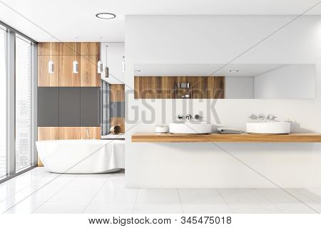 Stylish White, Gray And Wood Bathroom Interior